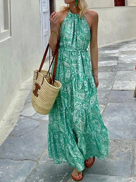 Boho Print Halterneck Sleeveless Dress