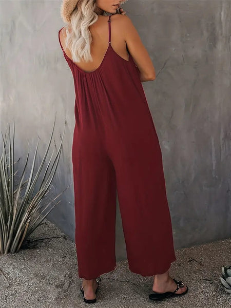 Boho Spaghetti Ruched Sleeveless Wide-Leg Jumpsuit