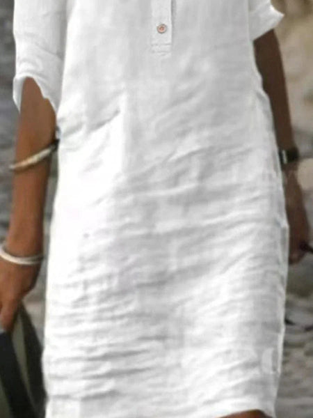 Women's Linen-Cotton Henley Shift Dress in Blouses & Shirts