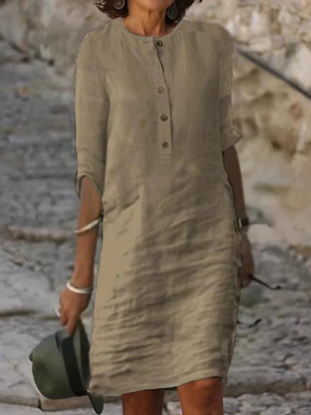 Women's Linen-Cotton Henley Shift Dress in Blouses & Shirts