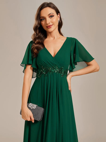 Bridesmaid Gown with V Neck Lace Applique