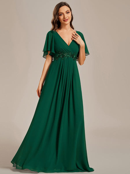 Bridesmaid Gown with V Neck Lace Applique
