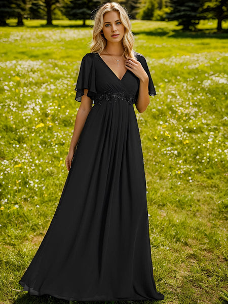 Bridesmaid Gown with V Neck Lace Applique