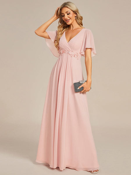 Bridesmaid Gown with V Neck Lace Applique
