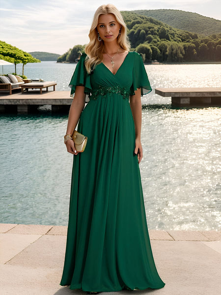 Bridesmaid Gown with V Neck Lace Applique