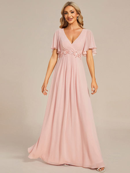 Bridesmaid Gown with V Neck Lace Applique