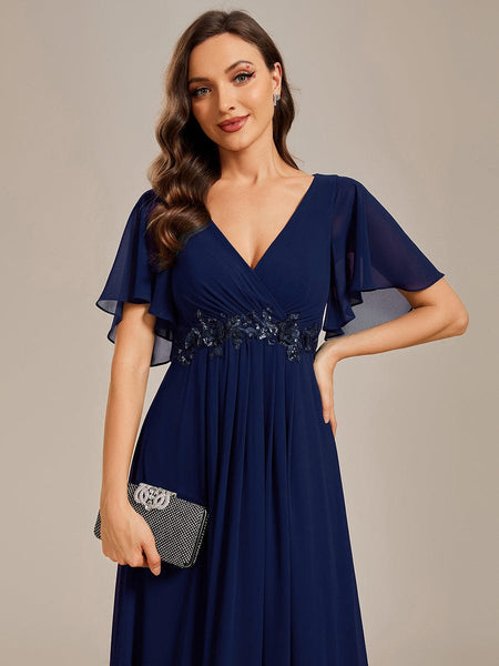 Bridesmaid Gown with V Neck Lace Applique