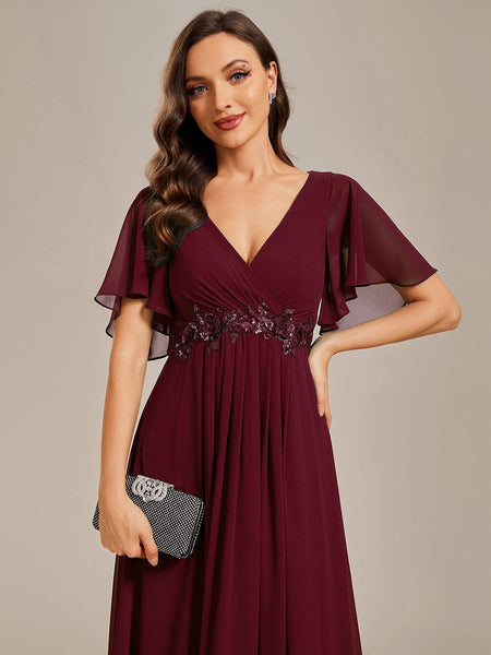 Bridesmaid Gown with V Neck Lace Applique