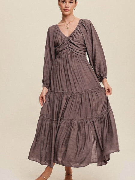 Women's Espresso Brown V-Neck Tiered Maxi Dress with Lantern Sleeves