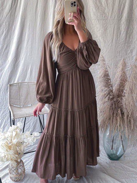 Women's Espresso Brown V-Neck Tiered Maxi Dress with Lantern Sleeves