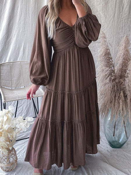 Women's Espresso Brown V-Neck Tiered Maxi Dress with Lantern Sleeves