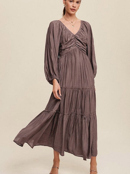 Women's Espresso Brown V-Neck Tiered Maxi Dress with Lantern Sleeves