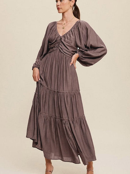Women's Espresso Brown V-Neck Tiered Maxi Dress with Lantern Sleeves