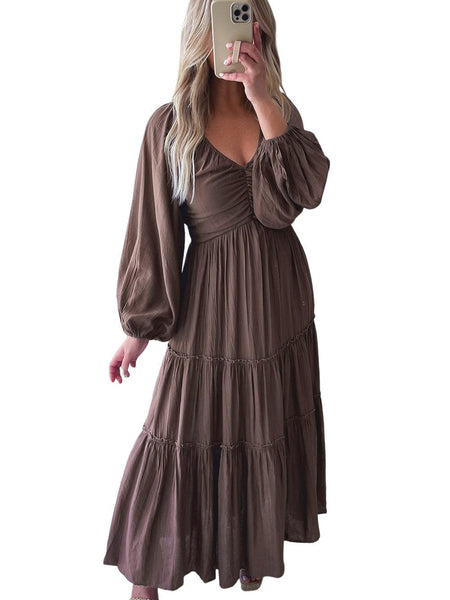 Women's Espresso Brown V-Neck Tiered Maxi Dress with Lantern Sleeves