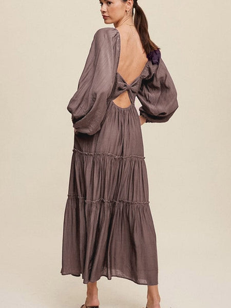 Women's Espresso Brown V-Neck Tiered Maxi Dress with Lantern Sleeves