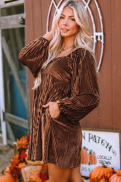 Brown Velvet Babydoll Dress with Square Neck and Tie Back