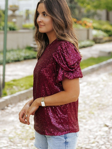 Women's Bubbly Burgundy Sequin Bubble Sleeve Blouse