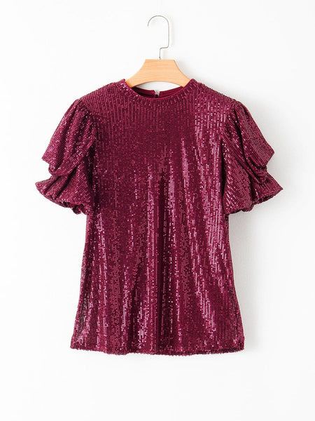 Women's Bubbly Burgundy Sequin Bubble Sleeve Blouse
