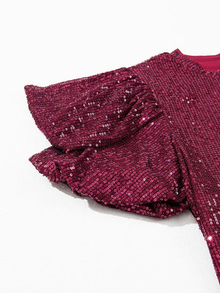 Women's Bubbly Burgundy Sequin Bubble Sleeve Blouse