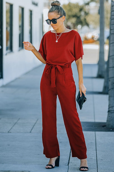 Women's Five-Point Sleeve Belted Wide-Leg Crepe Jumpsuit