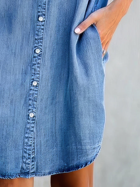 Women's Acid Wash Short Sleeve Denim Shirt Dress with Raw Hem
