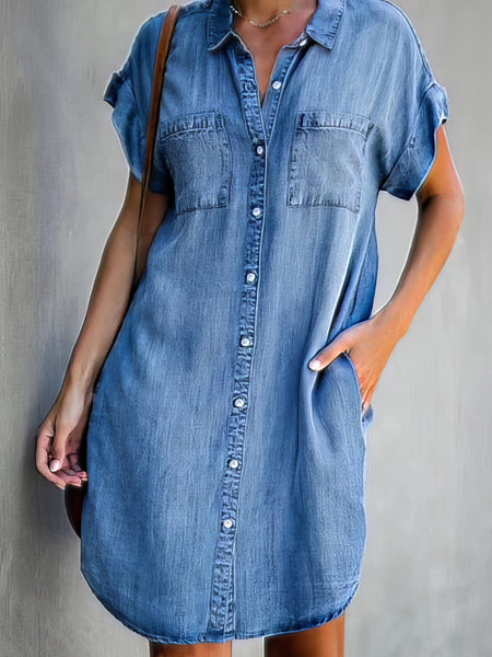 Women's Acid Wash Short Sleeve Denim Shirt Dress with Raw Hem