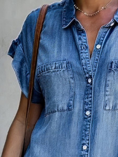 Women's Acid Wash Short Sleeve Denim Shirt Dress with Raw Hem