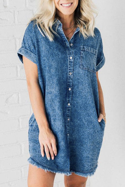 Women's Acid Wash Short Sleeve Denim Shirt Dress with Raw Hem