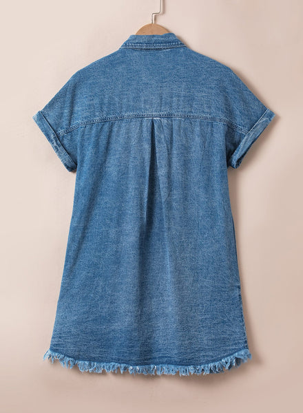 Women's Acid Wash Short Sleeve Denim Shirt Dress with Raw Hem