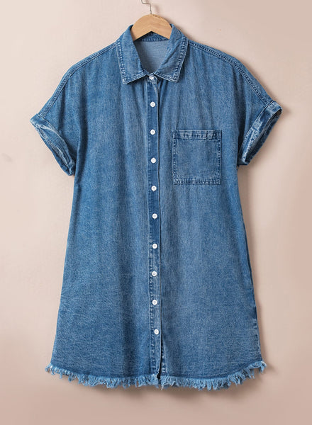 Women's Acid Wash Short Sleeve Denim Shirt Dress with Raw Hem