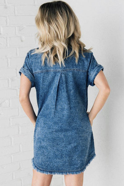 Women's Acid Wash Short Sleeve Denim Shirt Dress with Raw Hem