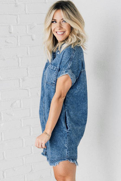 Women's Acid Wash Short Sleeve Denim Shirt Dress with Raw Hem