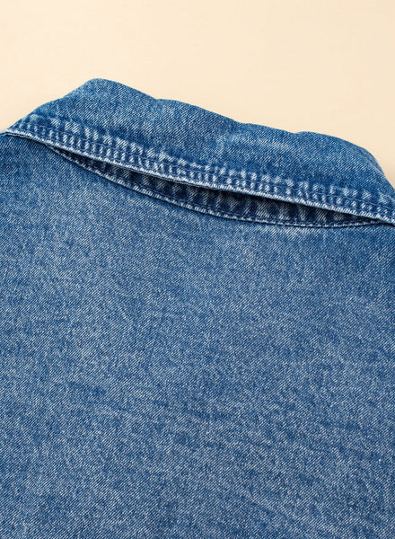 Women's Acid Wash Short Sleeve Denim Shirt Dress with Raw Hem
