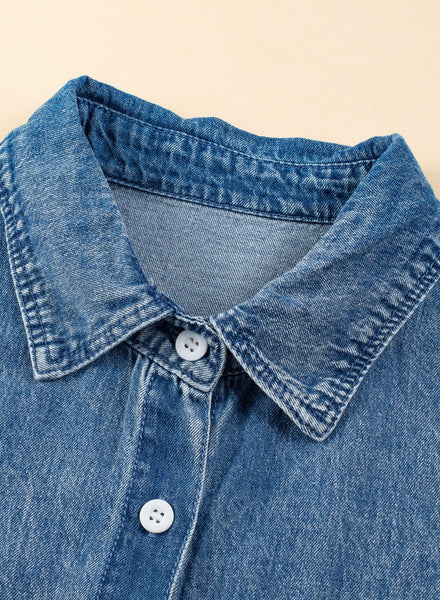 Women's Acid Wash Short Sleeve Denim Shirt Dress with Raw Hem