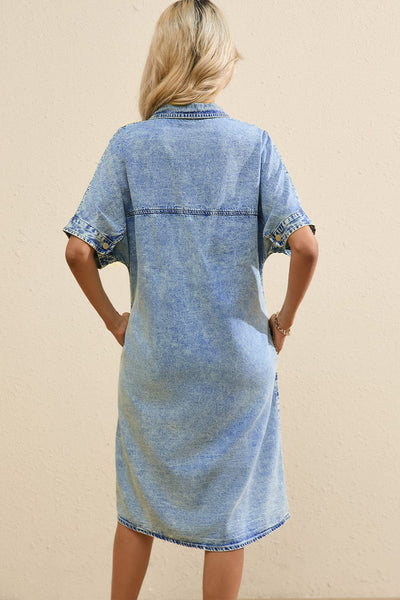 Women's Acid Wash Short Sleeve Denim Shirt Dress with Raw Hem
