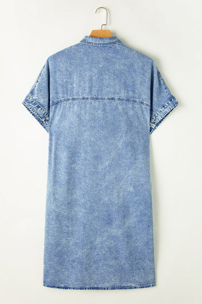 Women's Acid Wash Short Sleeve Denim Shirt Dress with Raw Hem
