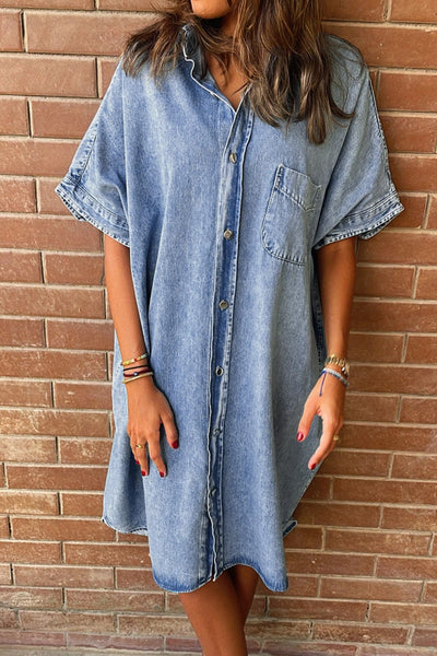 Women's Acid Wash Short Sleeve Denim Shirt Dress with Raw Hem