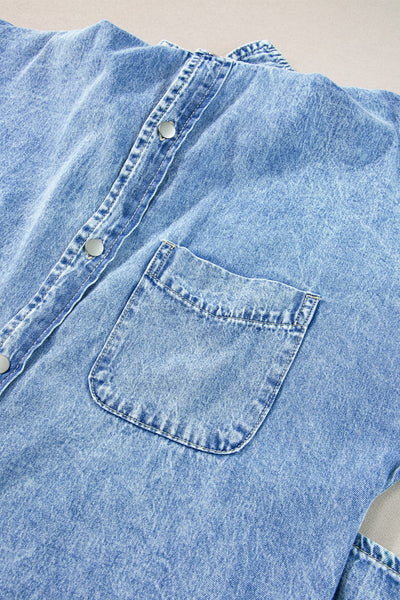 Women's Acid Wash Short Sleeve Denim Shirt Dress with Raw Hem