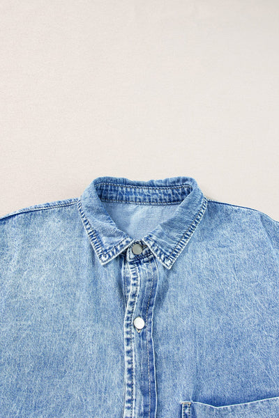 Women's Acid Wash Short Sleeve Denim Shirt Dress with Raw Hem