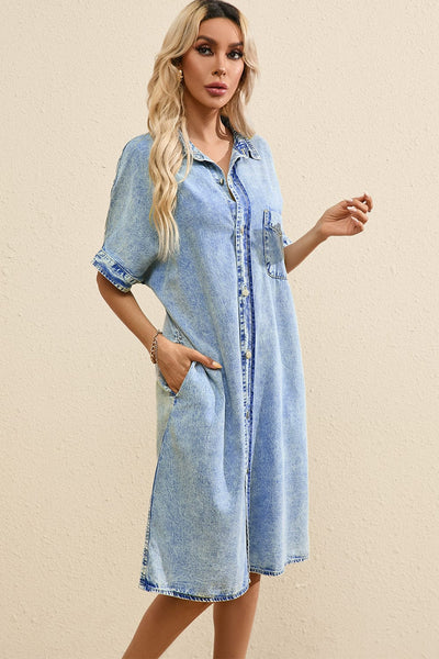 Women's Acid Wash Short Sleeve Denim Shirt Dress with Raw Hem