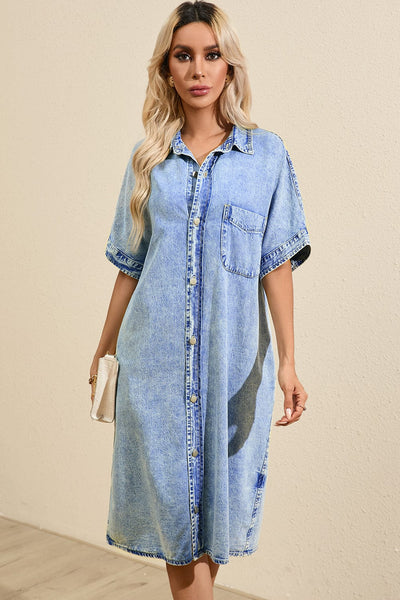 Women's Acid Wash Short Sleeve Denim Shirt Dress with Raw Hem