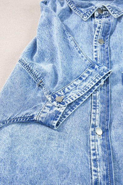 Women's Acid Wash Short Sleeve Denim Shirt Dress with Raw Hem