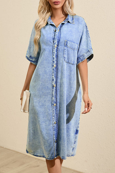 Women's Acid Wash Short Sleeve Denim Shirt Dress with Raw Hem