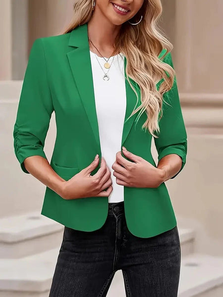 Women's Crimson Notch Lapel Blazer with Ruched 3/4 Sleeves