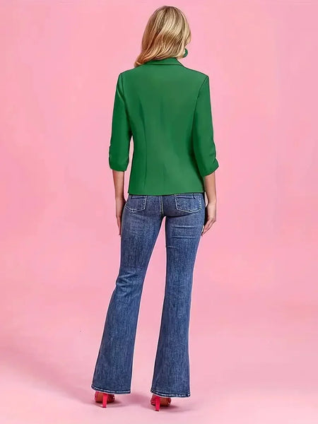 Kelly Green 3/4 Ruched Sleeve Tailored Office Blazer with practical styling and dependable silhouette control.