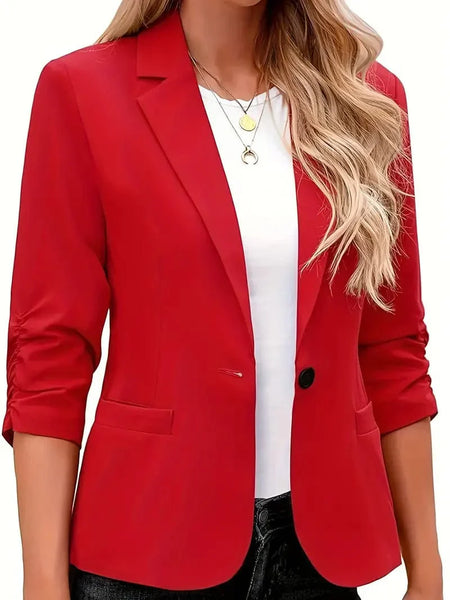 Women's Crimson Notch Lapel Blazer with Ruched 3/4 Sleeves