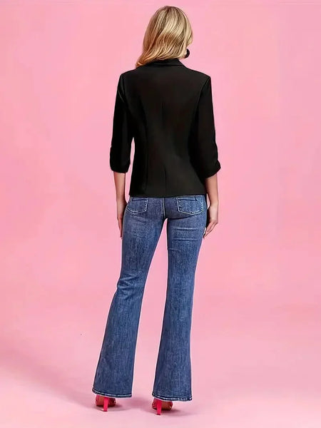 Women's Crimson Notch Lapel Blazer with Ruched 3/4 Sleeves