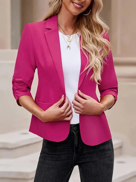 Women's Crimson Notch Lapel Blazer with Ruched 3/4 Sleeves