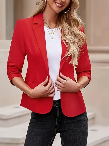 Women's Crimson Notch Lapel Blazer with Ruched 3/4 Sleeves