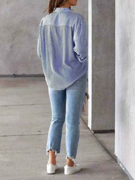 Button-Up Striped Print Long Sleeve Shirt with Pocket for Women